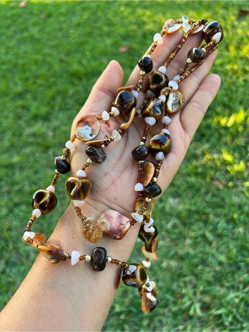 Vintage Necklace Boho Beach Mop Blister Caramel Ceramic Bead Long Chain 44”